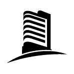 Icono en blanco y negro de un edificio moderno de varios pisos con líneas curvas, que se alza sobre una base inclinada, sobre un fondo blanco con esquinas redondeadas.