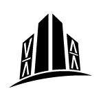 Logotipo en blanco y negro de un edificio estilizado con dos torres altas y las letras V y A a cada lado, sobre fondo blanco con esquinas redondeadas.