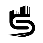Logotipo en blanco y negro con una letra S estilizada que se transforma en el perfil de una ciudad, sugiriendo un tema urbano o arquitectónico, sobre un fondo cuadrado blanco redondeado.