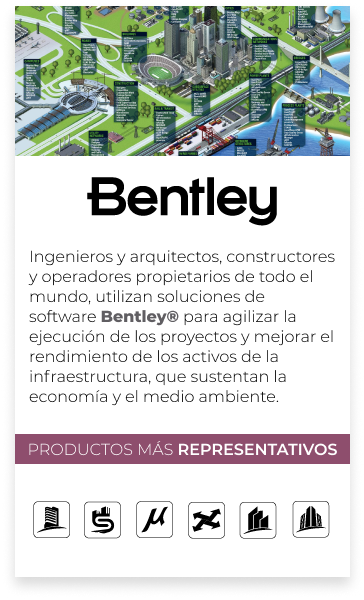 Gráfico promocional de Bentley, un software para ingenieros, arquitectos y constructores, en el que se destacan sus ventajas para la gestión de proyectos. Los iconos de la parte inferior representan varias categorías de productos.