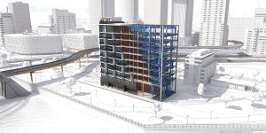 Rendering of a city and infrastructure illustrating the entire project lifecycle of BIM.
